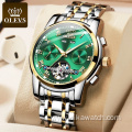 OLEVS 6607 Men Stainless Steel Automatic Mechanical Watches Classic Bracelet Water Resistant With Date Week Green Luxury Watch